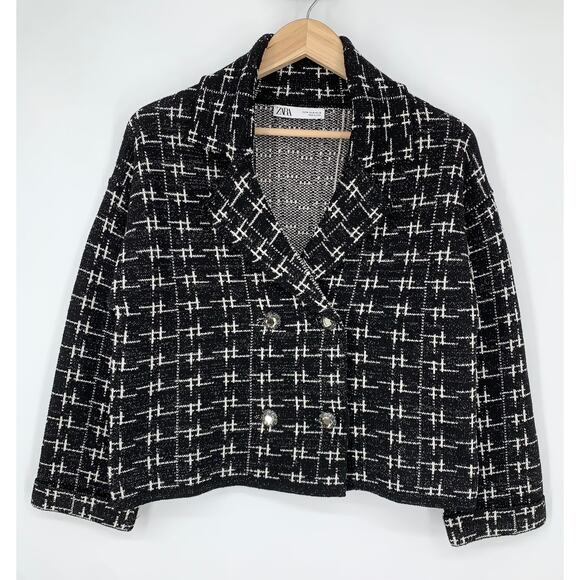 ZARA Chunky Knit Plaid Jacket Jewel Button Double Breasted Blazer Black White - Picture 1 of 16